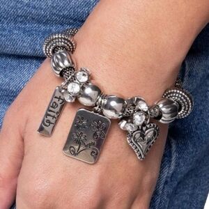 Elegant Silver Charm Bracelet with Heart and Faith Pendants